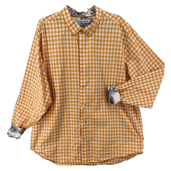 Tommy‎ Bahama Shirt Mens XXL Cotton Orange Gingham Check Button Up Flip Cuff - Picture 1 of 12